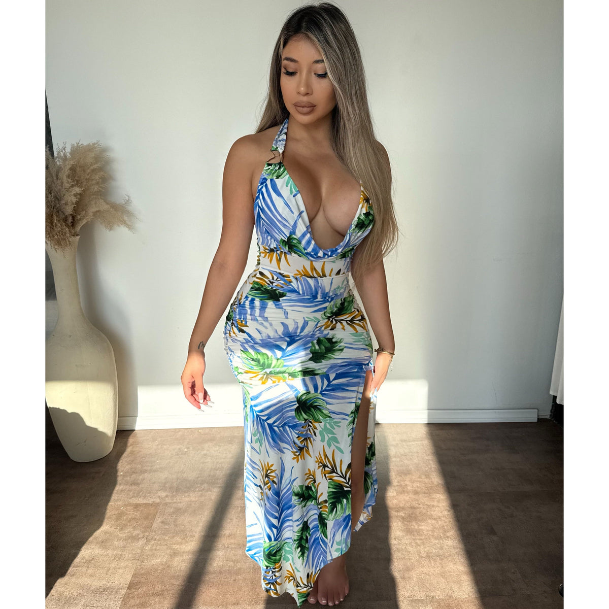 Emily Tropical Halter Neck Dress (White/Blue) OOTDFASH Emily Tropical Halter Neck Dress (White/Blue) OOTDFASH