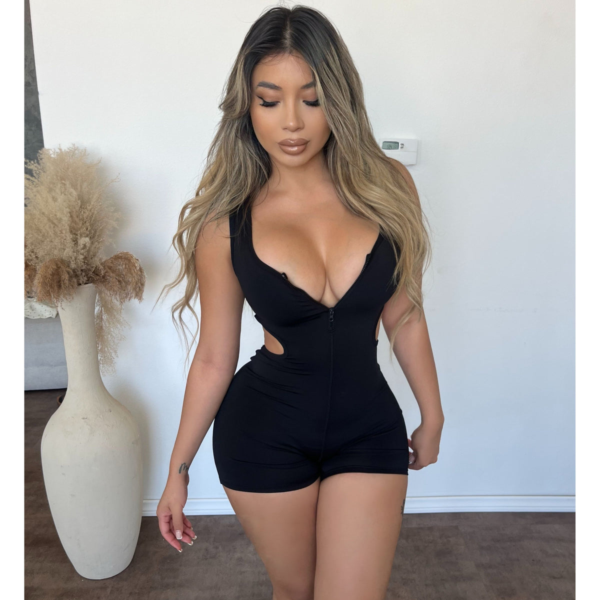 Amanda Waist Hole Front Zipper Tank Romper (Black)