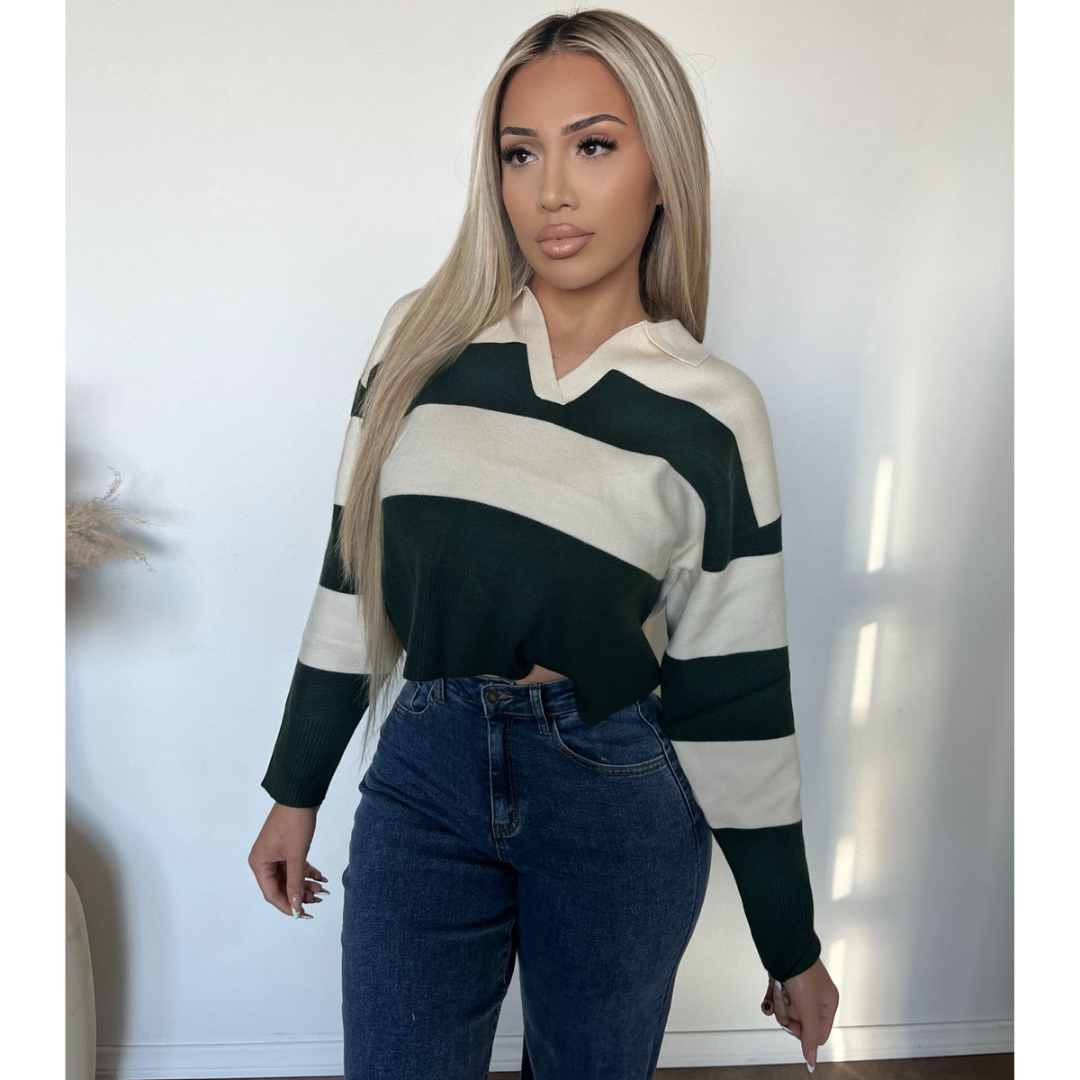 Crissy Striped Polo Sweater (Hunter Green/Ivory)