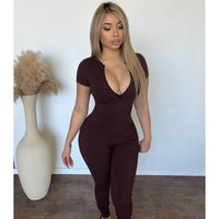 Kathy Snatched Short Sleeve Zip Up Jumpsuit (Chocolate)