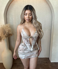 Erica Open Back Mini Dress (Taupe)