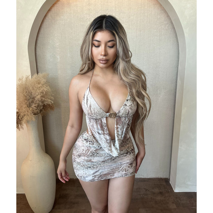Erica Open Back Mini Dress (Taupe)