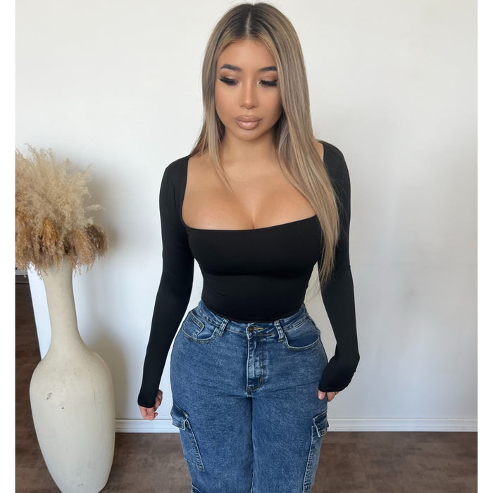 Dora Square Neck Long Sleeve Top (Black)