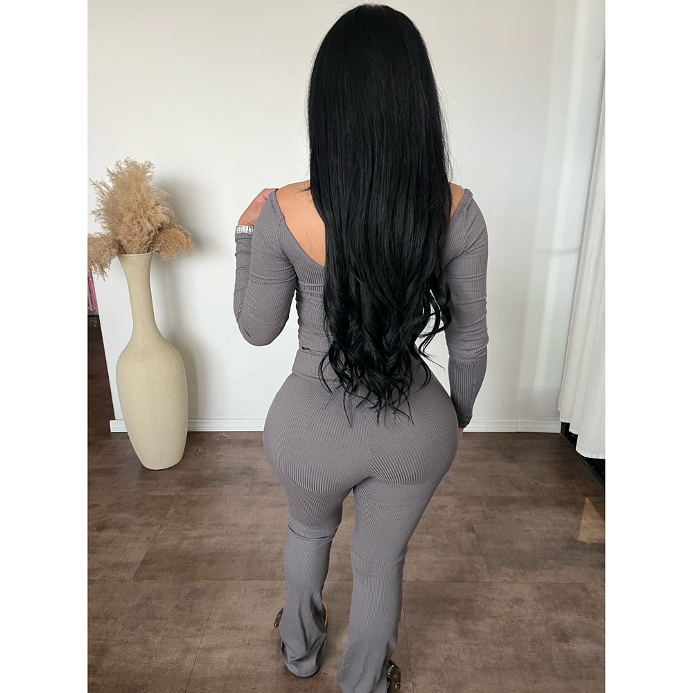 Denise Snatched Ribbed Scoop Neck Matching Set (Charcoal)