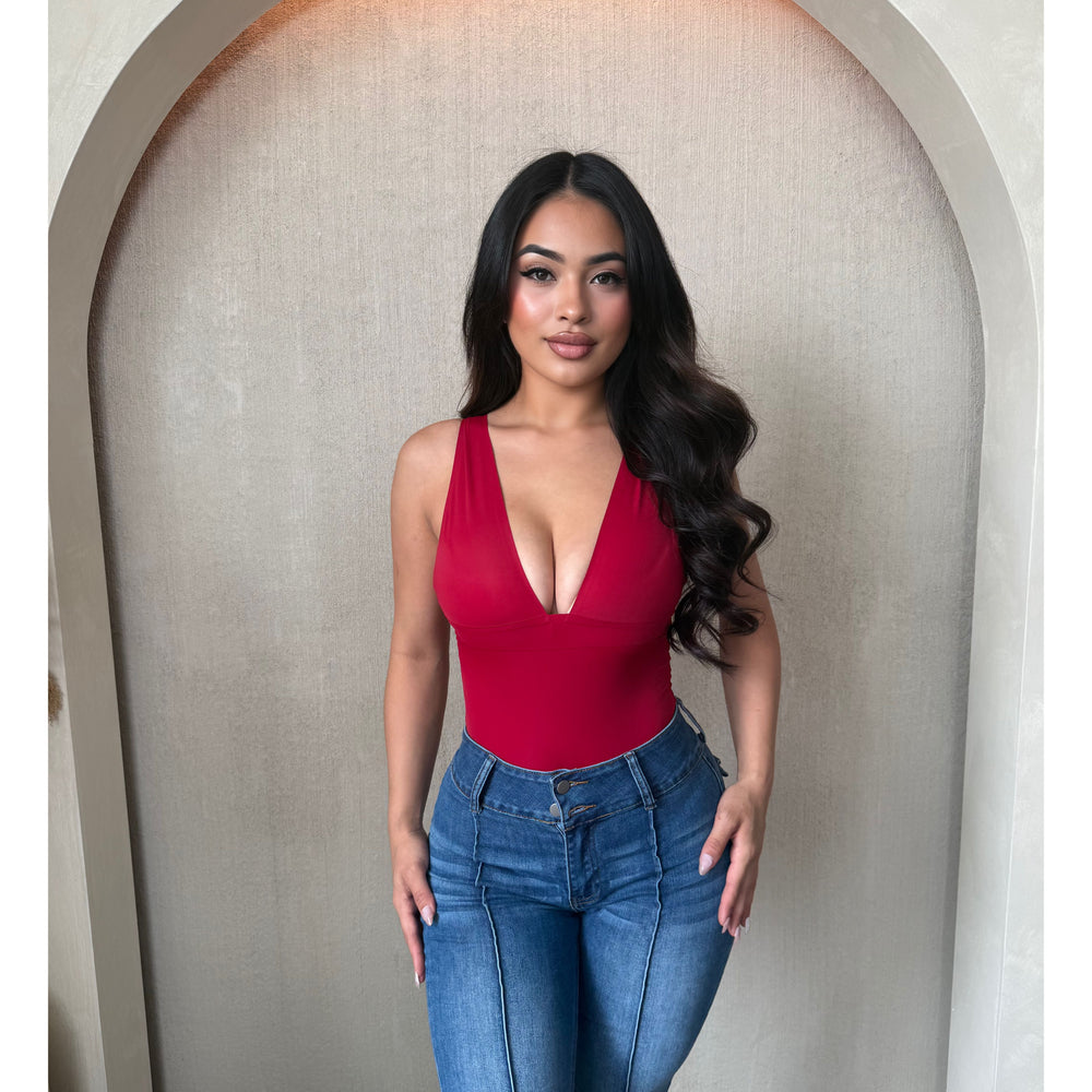Stephanie Deep V Neck Bodysuit (Red)