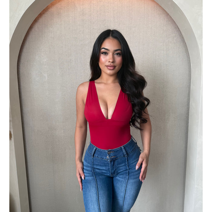 Stephanie Deep V Neck Bodysuit (Red)