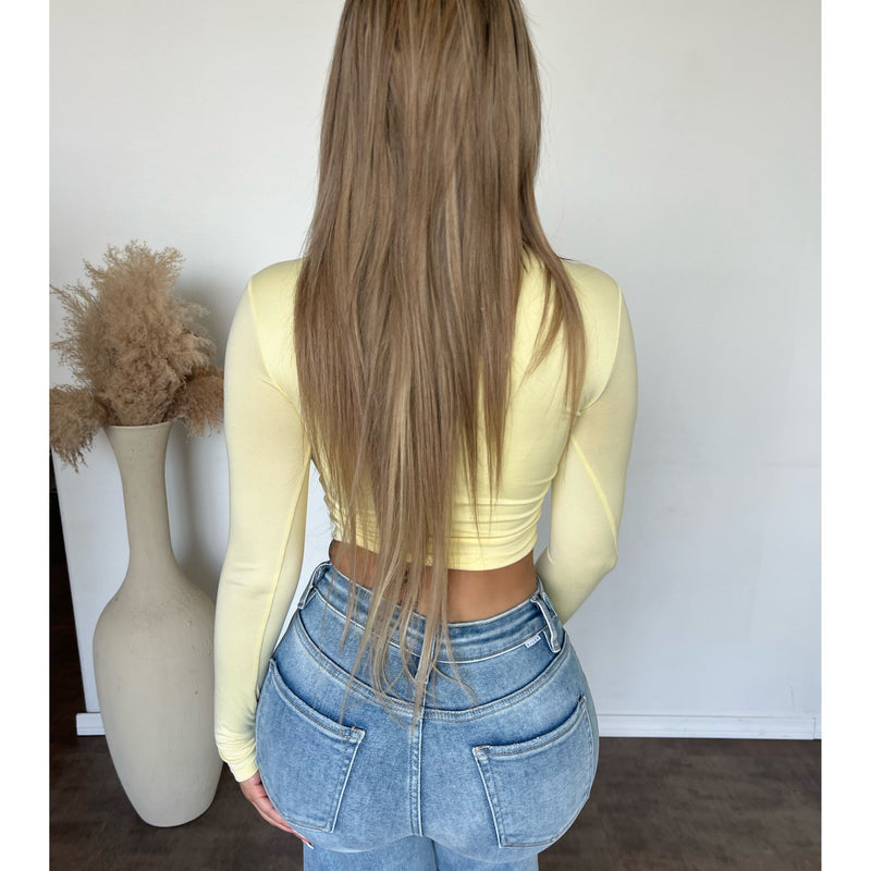 Rena Cropped Long Sleeve Round Neck Top (Light Yellow)