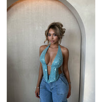 Ash Open Back Sequins Top (Teal)