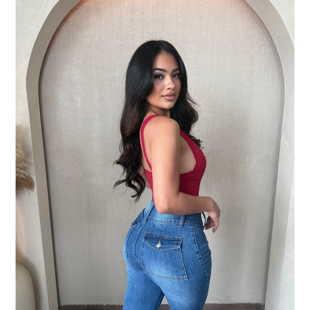 Stephanie Deep V Neck Bodysuit (Red)