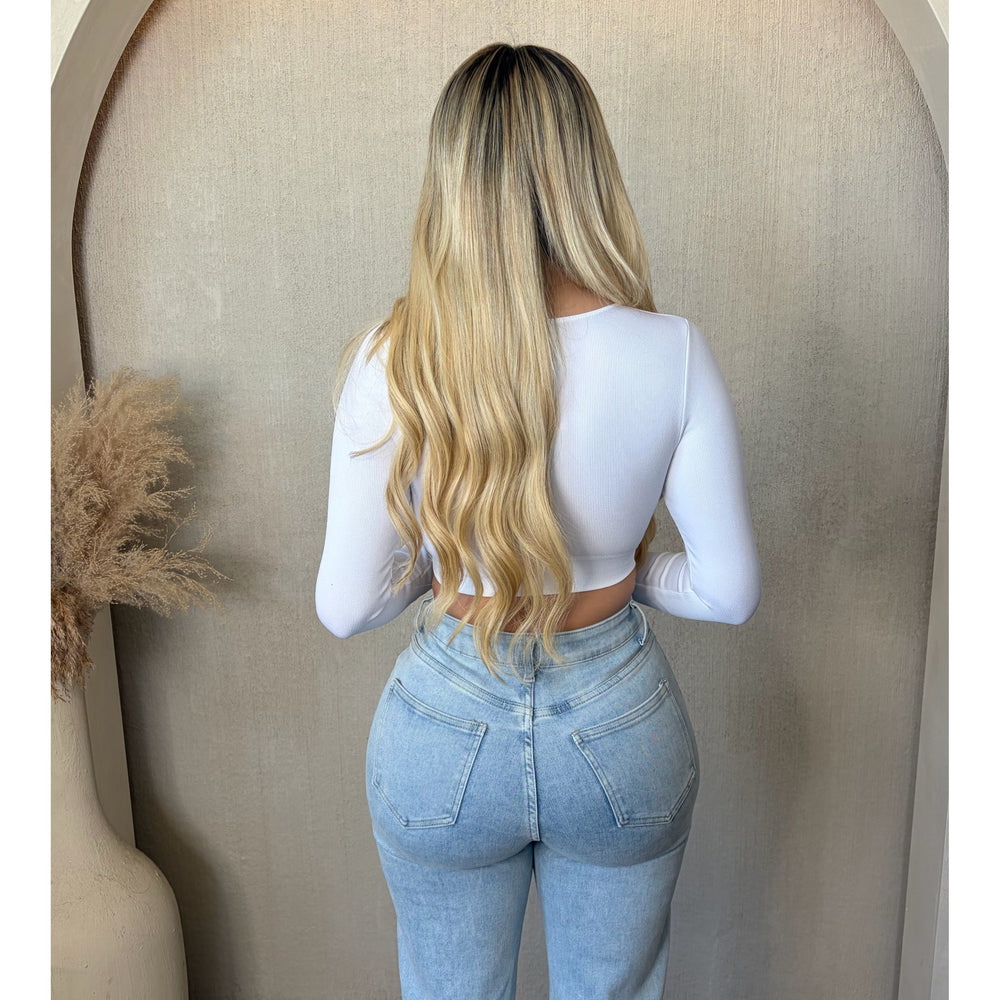 Veronica V neck Rib Long Sleeve Top (White)