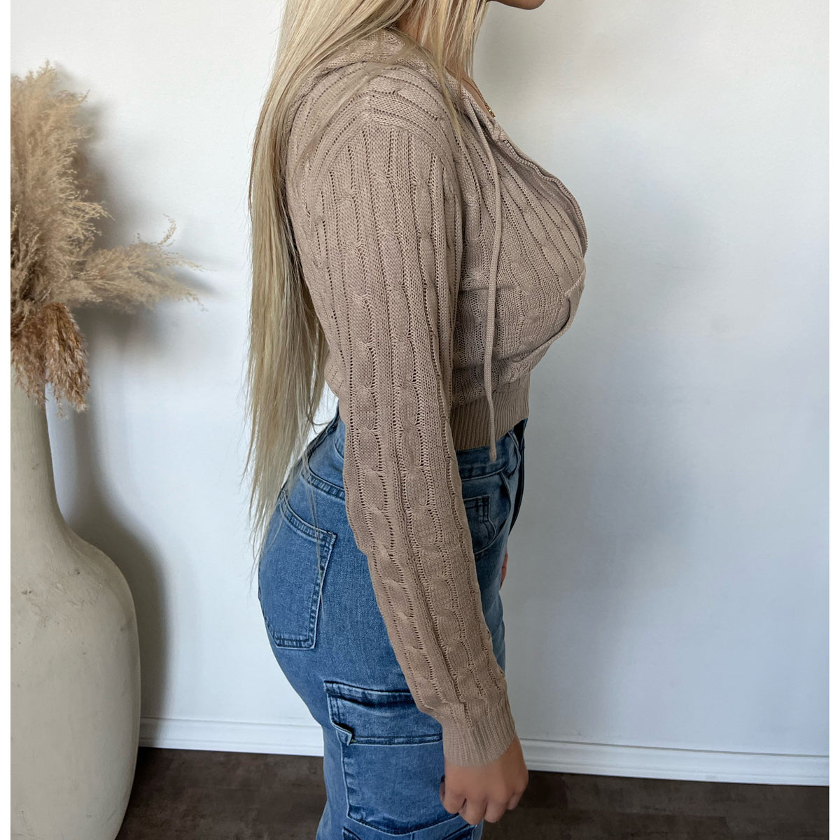 Cindy Front Zip Up Hoodie Long Sleeve (Taupe)