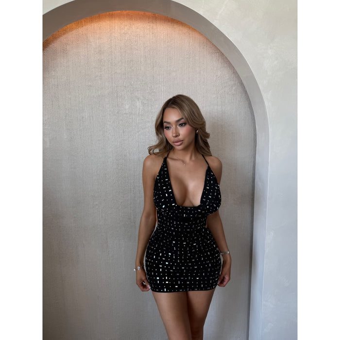Valerie Cowl Neck Mini Dress W Rhinestone (Black)