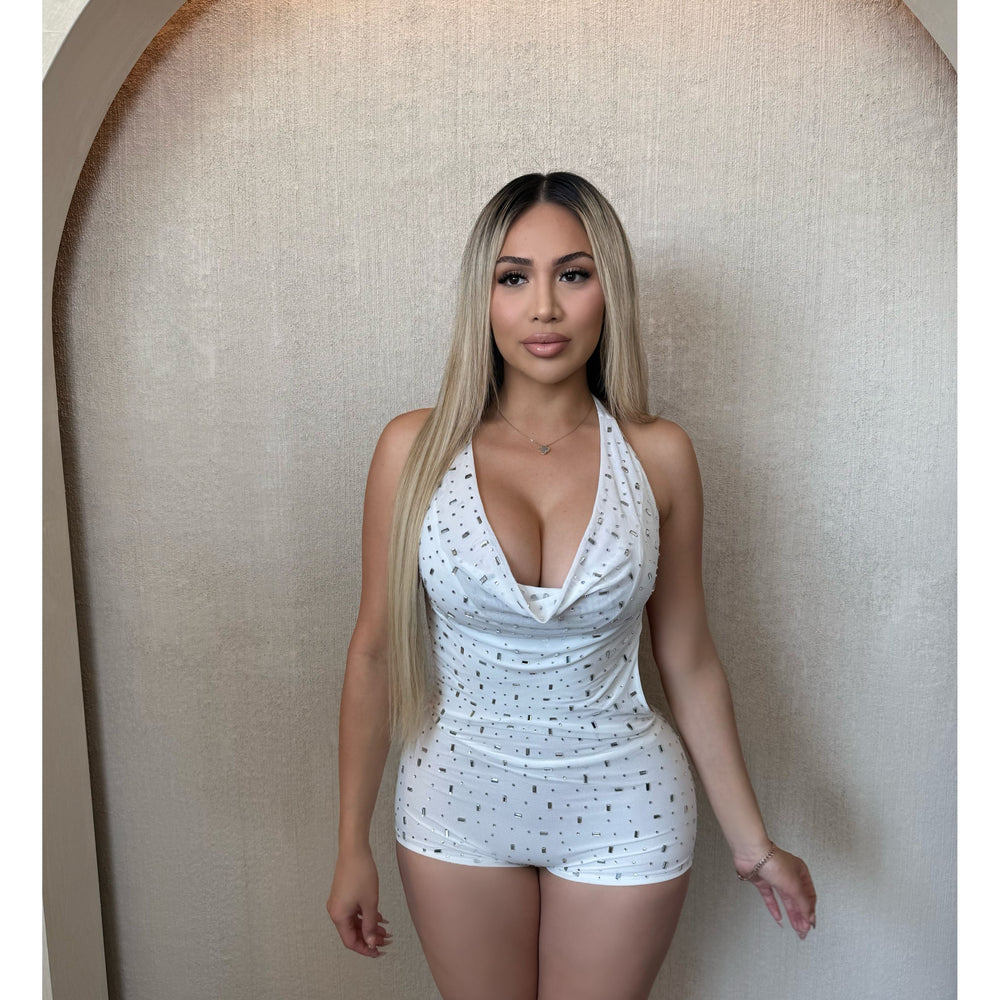Stacy Cowl Neck Rhinestone Romper (White)