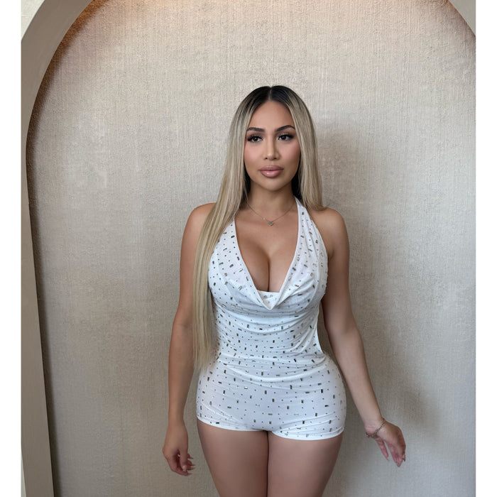 Stacy Cowl Neck Rhinestone Romper (White)