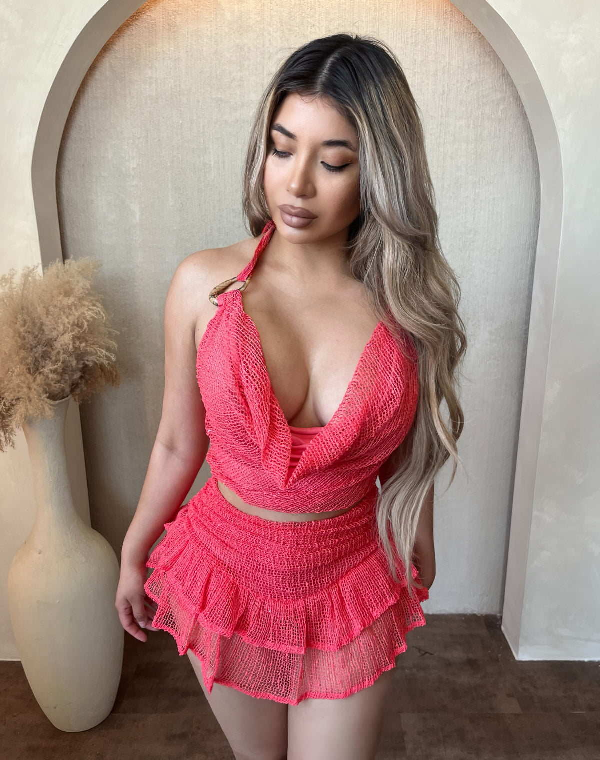 Stacy Open Back Top & Mini Skirt Set (Coral)