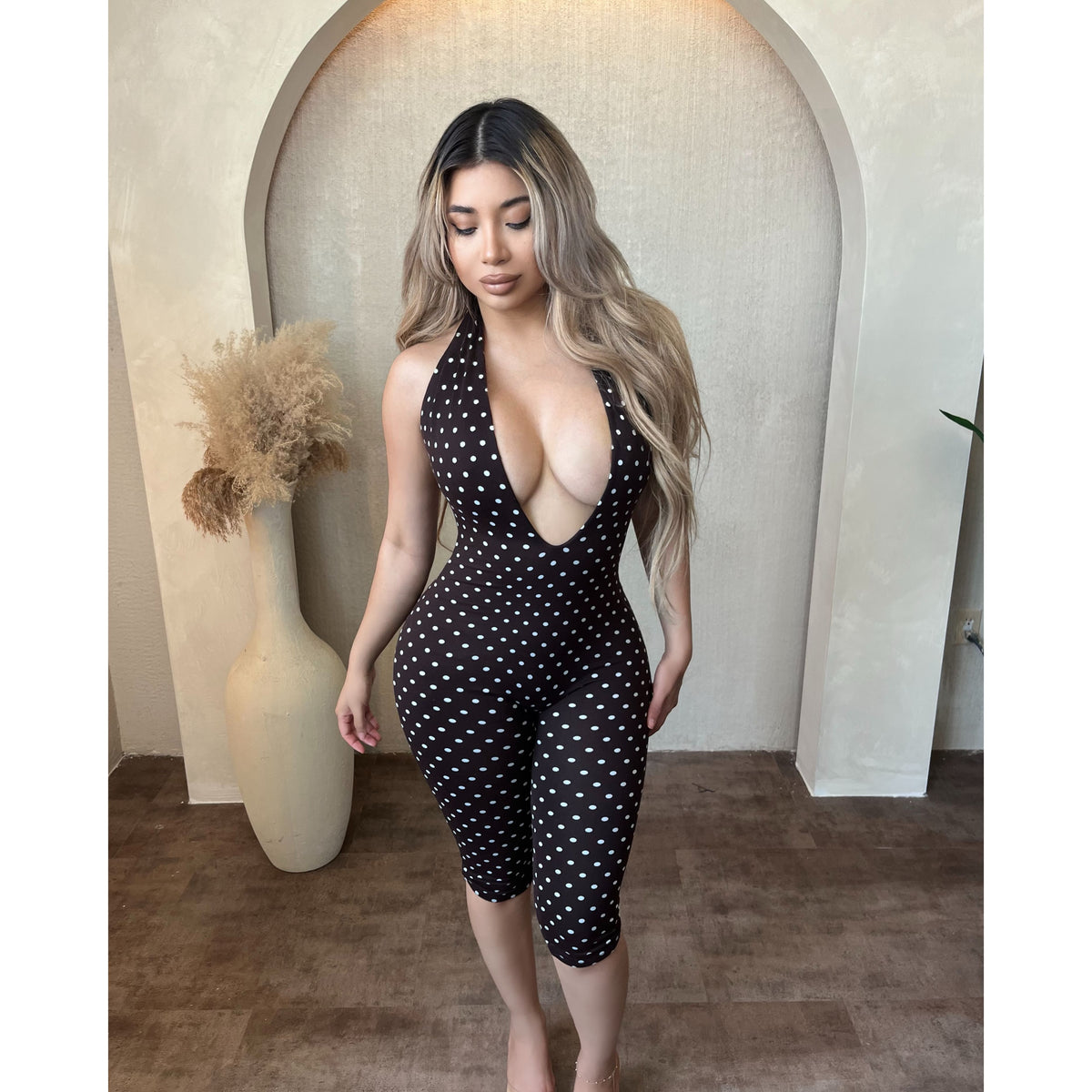 Jayleen Polka Dot Halter Jumpsuit (Brown)