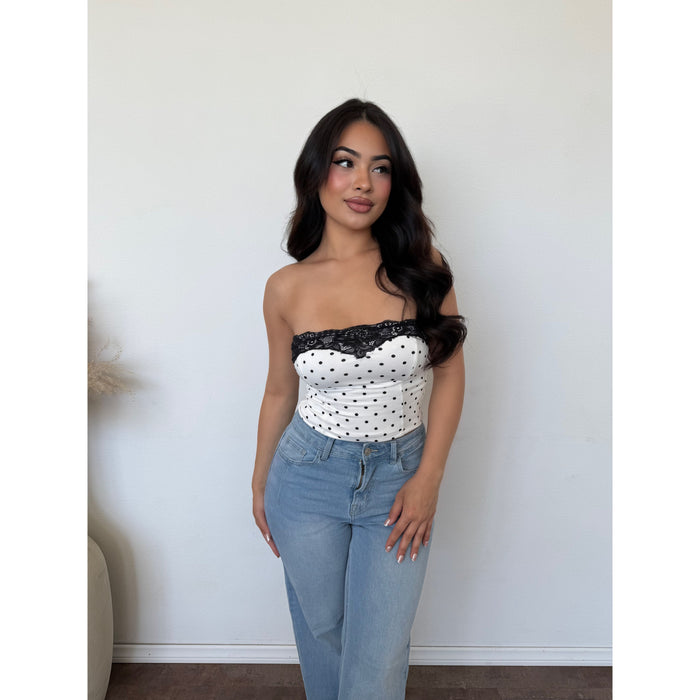 Tracy Strapless Lace Trim Polka Dot Top (Ivory/Black)
