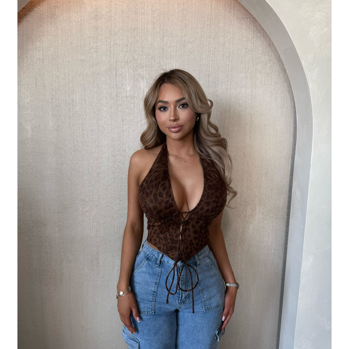 Bianca Animal Print Suede Tie Front Halter Top (Brown)