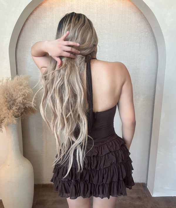Alyssa Halter Neck Mini Dress W Layered Skirt (Chocolate)