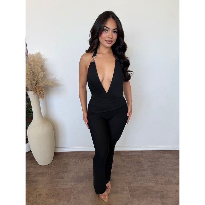 Wendy Halter Open Back Mesh Jumpsuit (Black)