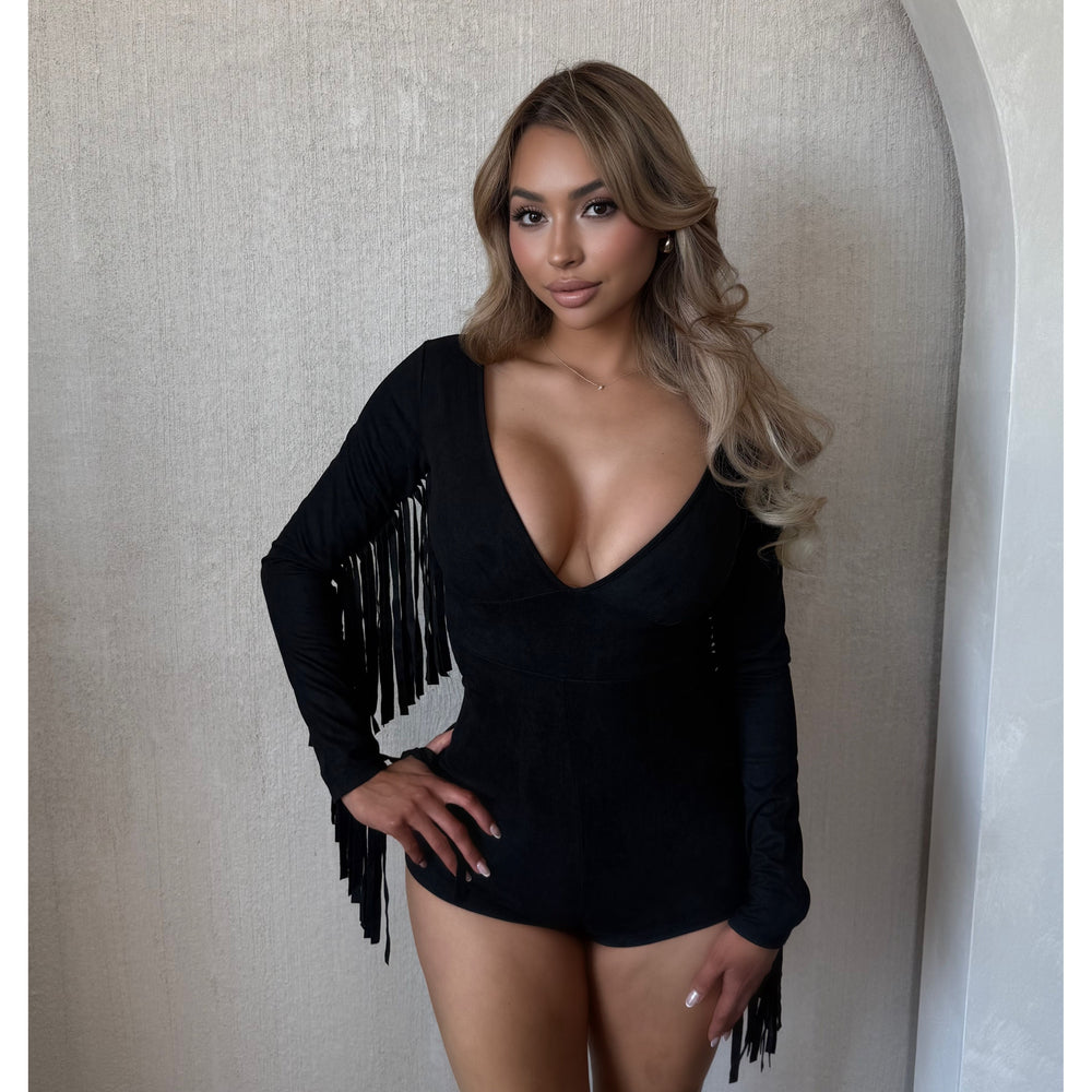 Cynthia Long Sleeve V Neck Solid Suede Romper (Black)