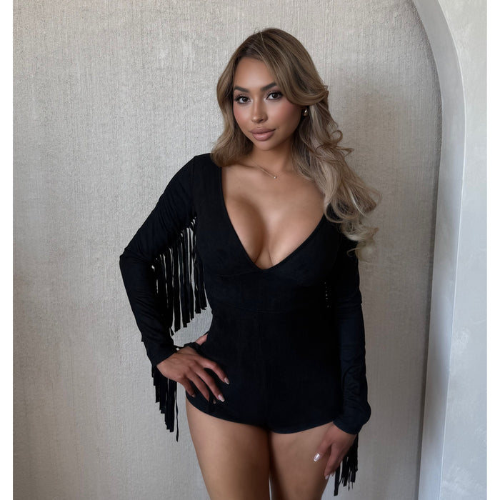 Cynthia Long Sleeve V Neck Solid Suede Romper (Black)