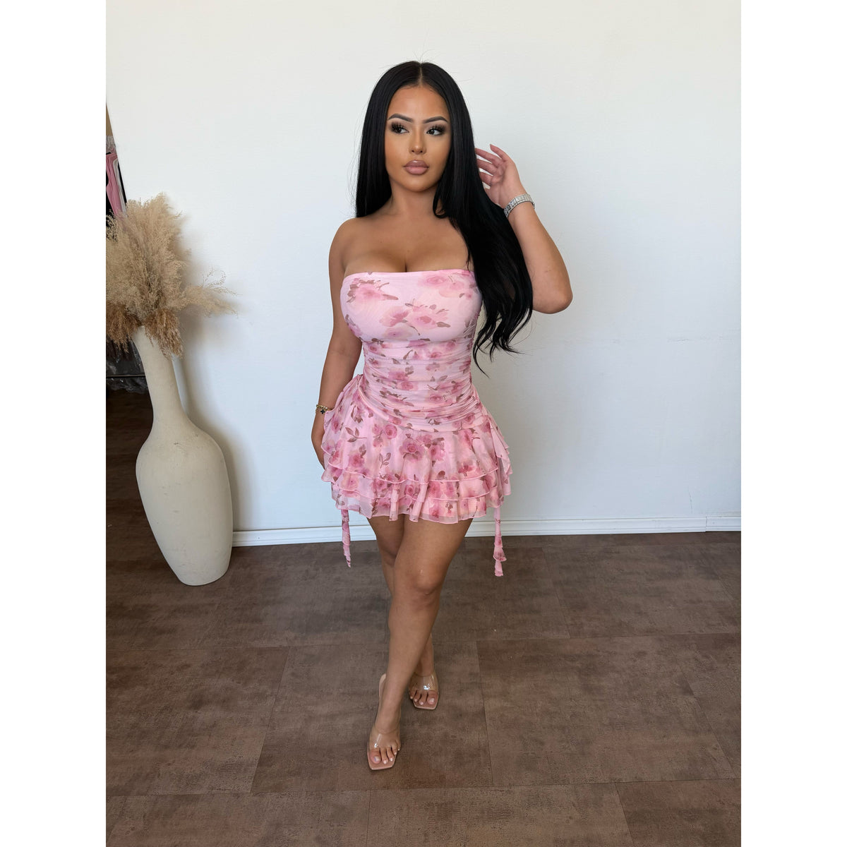 Linda Floral Ruffled Tube Mini Dress (Pink)