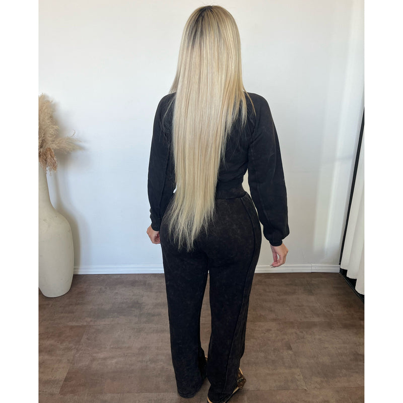 Casandra Washed Sweatshirt & Pants Set (Black)