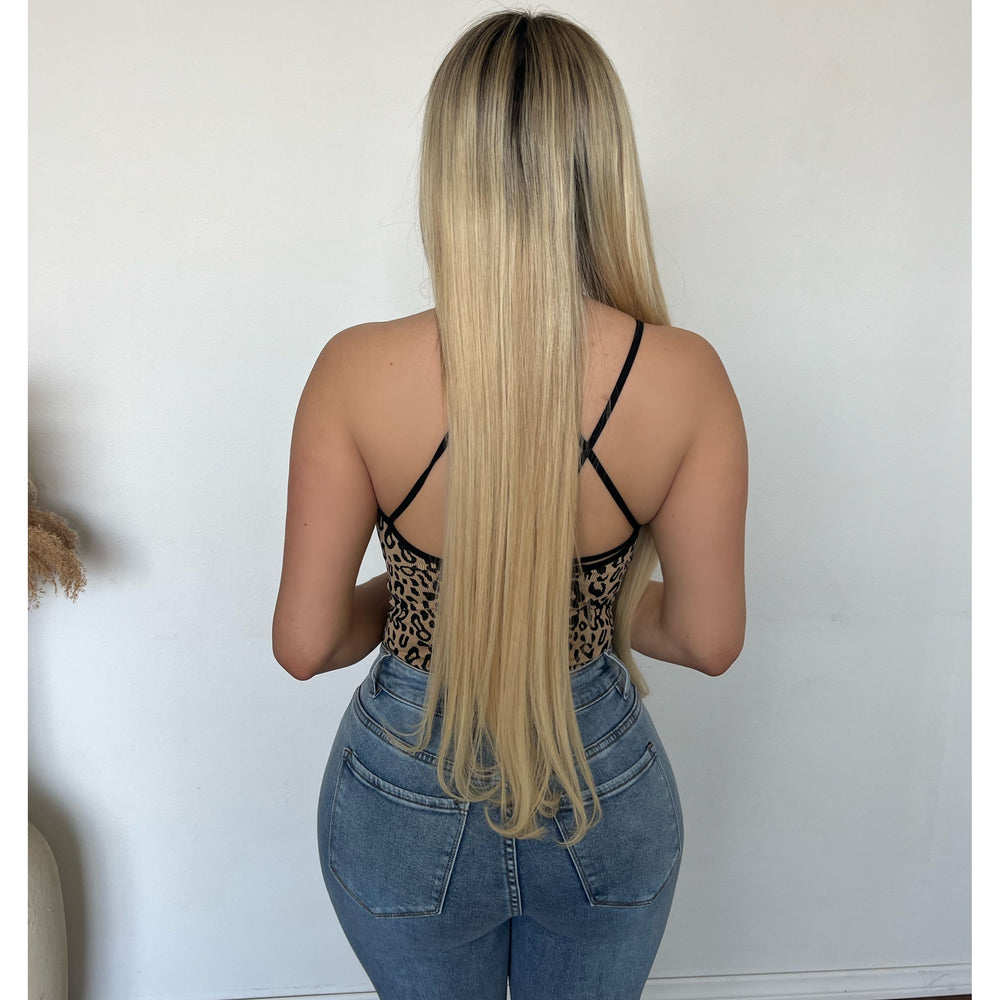Elsy leopard Open Back Strap Bodysuit (Brown)