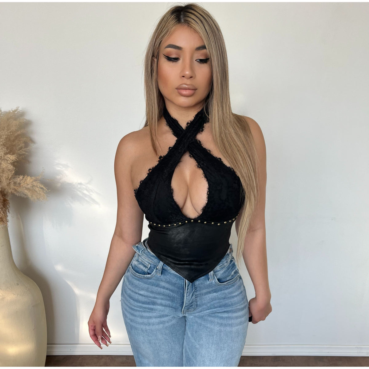 Claire Lace Suede Top (Black)