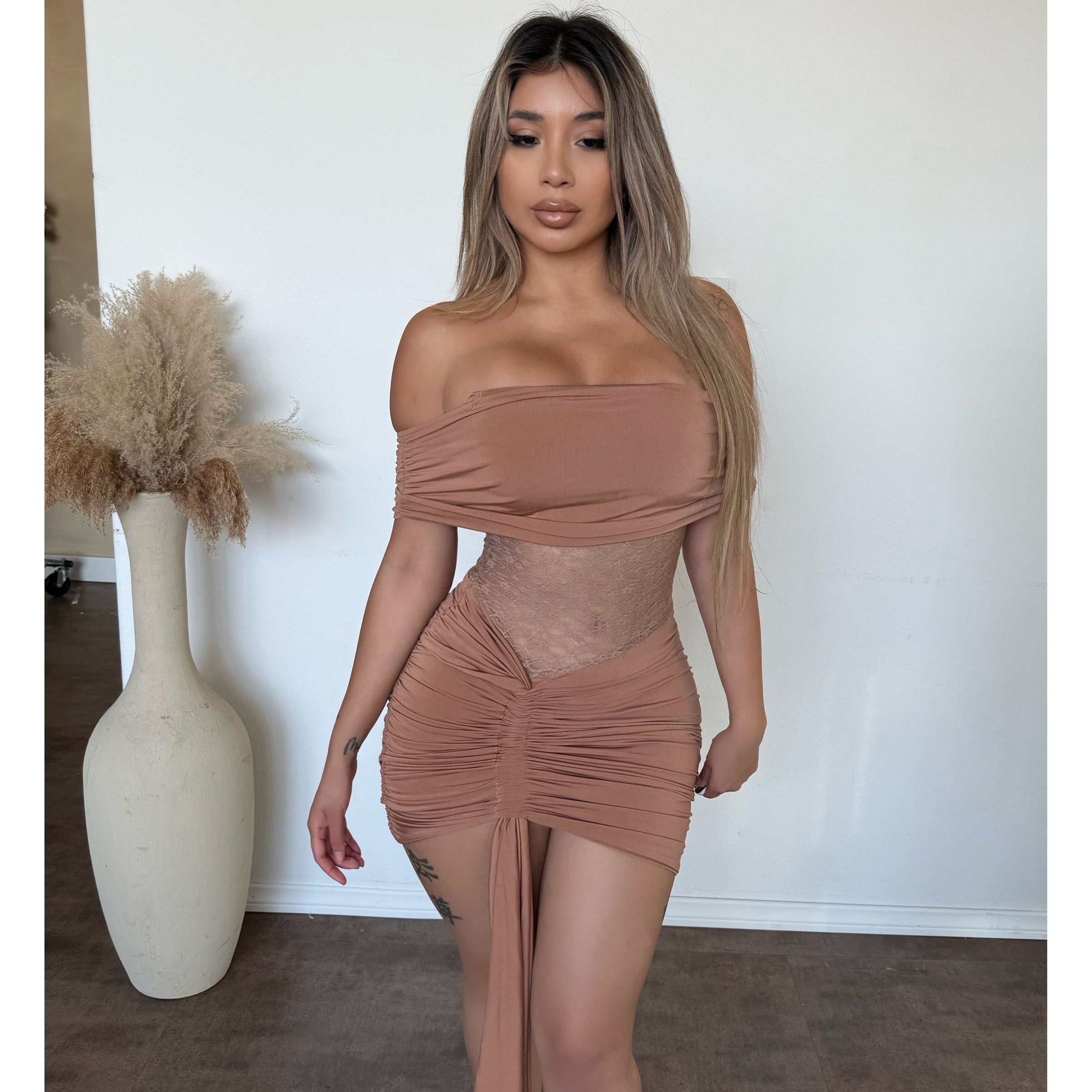 nude lace mini dress Underwired Contrast Lace Detail Mini Dress In Nude Satin | EGO EU