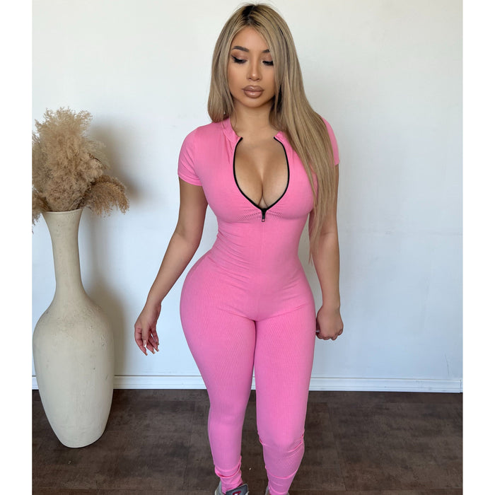 Kathy Snatched Short Sleeve Zip Up Jumpsuit (Sachet Pink)