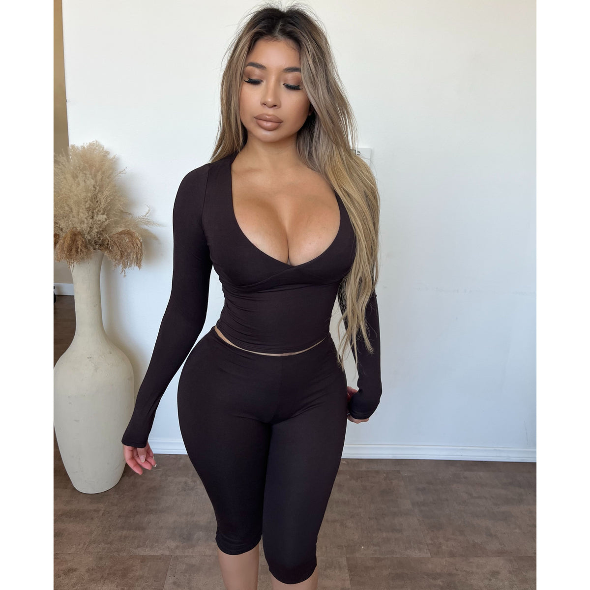 Celina Snatched Matching Set Long Sleeve Top (Chocolate)