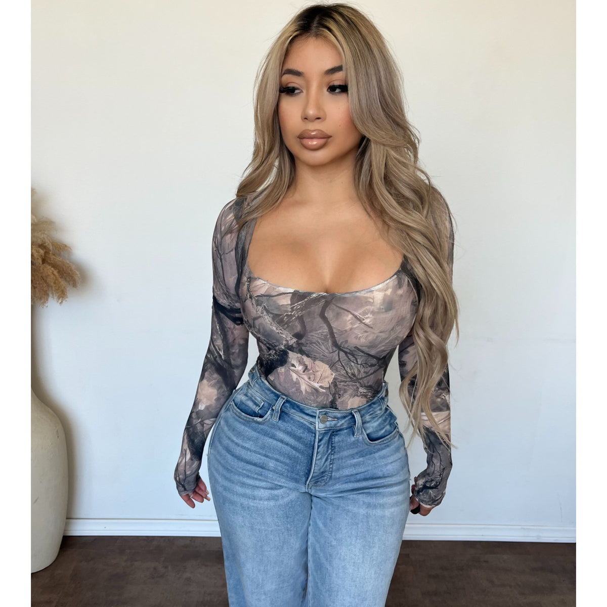 Carina Long Sleeve Square Neck Bodysuit (Leaf Camo)