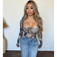 Carina Long Sleeve Square Neck Bodysuit (Leaf Camo)