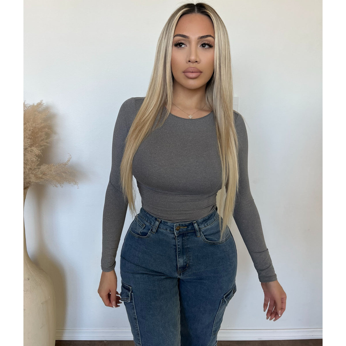 Sarah Round Neck Long Sleeve Top (Heather Grey)