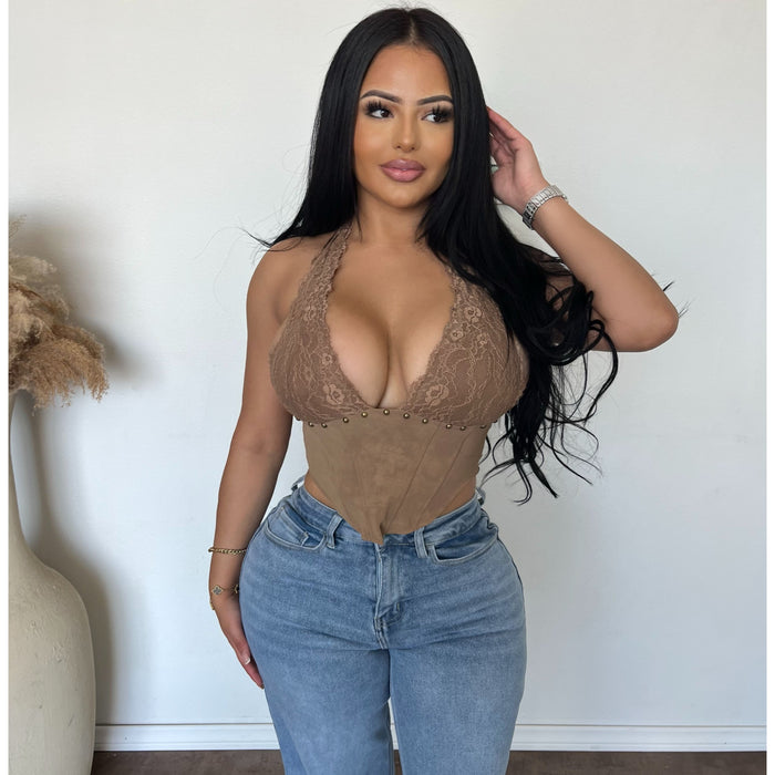 Tarisa Halter Lace Suede Top (Taupe)