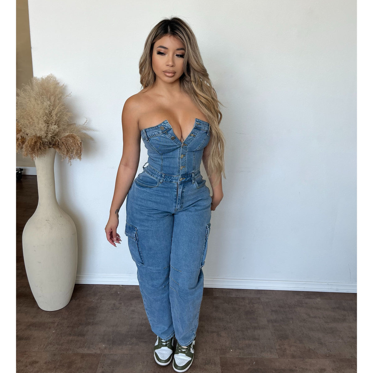 Angelica Denim Tube Cargo Jumpsuit (Medium Denim)
