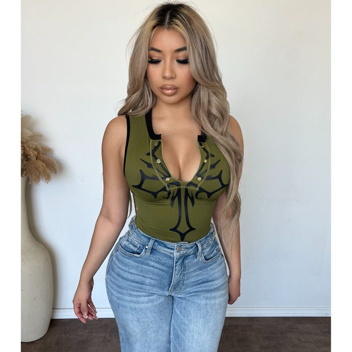 Rina Deep V Neck Eyelet Top (Olive)