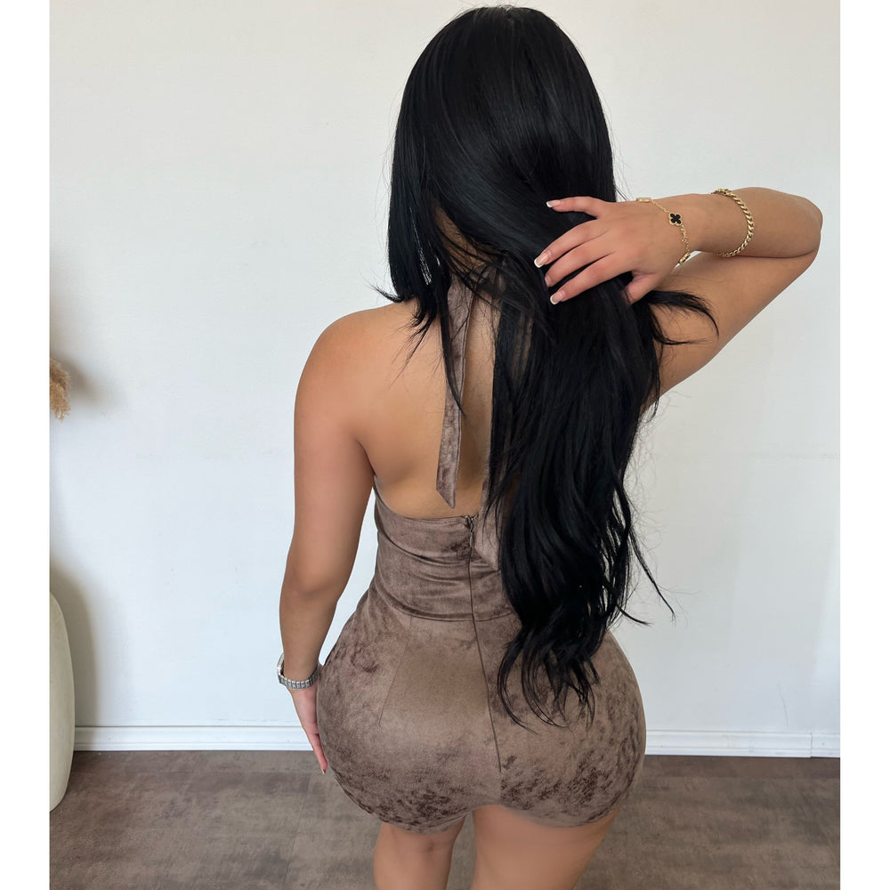 Elena Suede Halter Romper (Mocha)