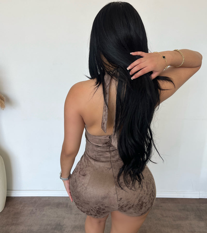 Elena Suede Halter Romper (Mocha)