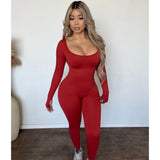 Mia Fitted Snatched Ribbed Long Sleeve Jumpsuit (Classic Red)