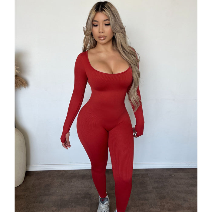 Mia Fitted Snatched Ribbed Long Sleeve Jumpsuit (Classic Red)