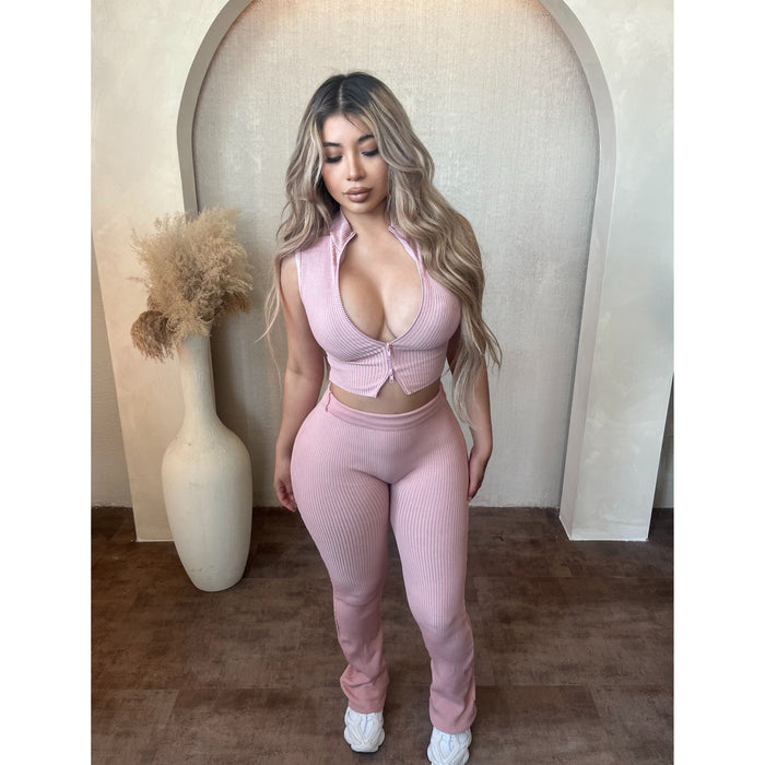 Cynthia 1 Piece Zipper Top & Wide Pants (Pink)