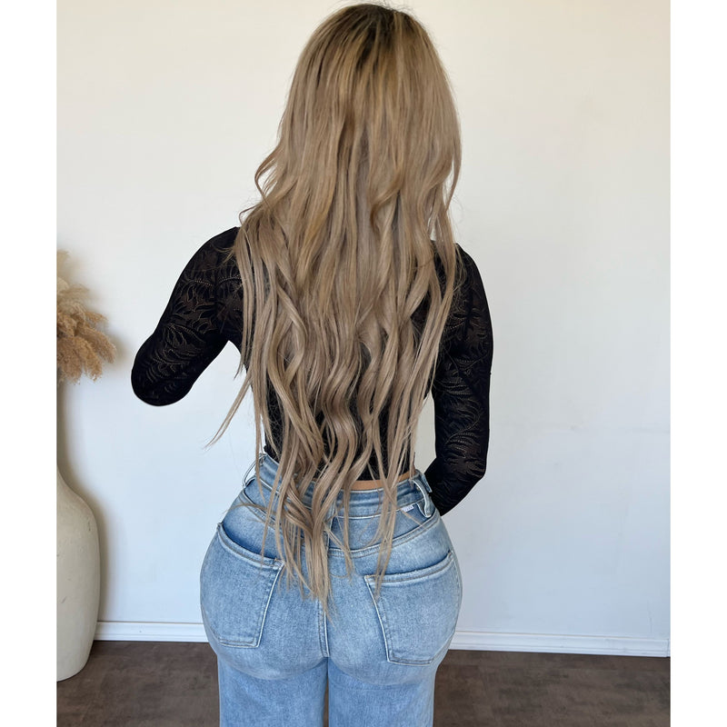 Veronica Lace Deep V Neck Long Sleeve Top (Black)