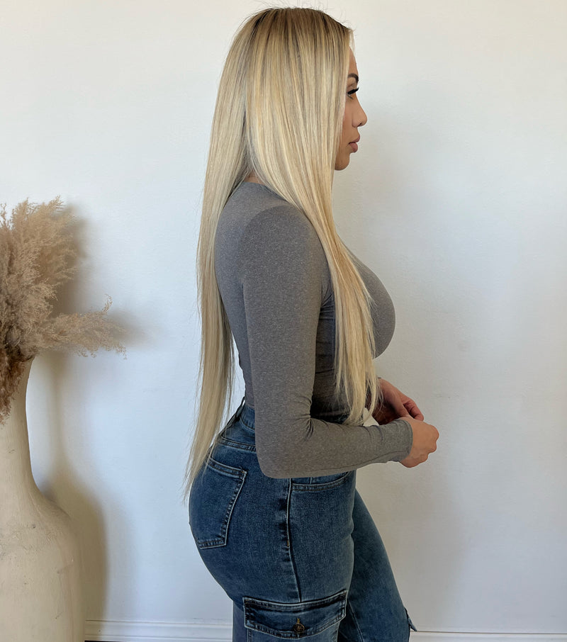 Sarah Round Neck Long Sleeve Top (Heather Grey)