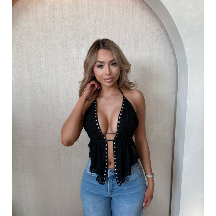 Evelyn Lace Halter Top W Metallic Studs (Black)