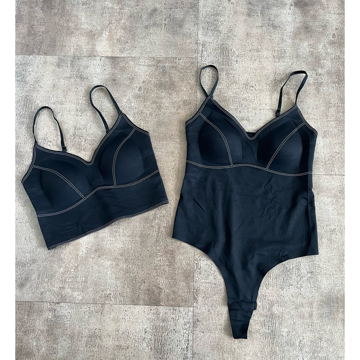 Stacy Stitch Print Detail V Neck Cami Top (Black)