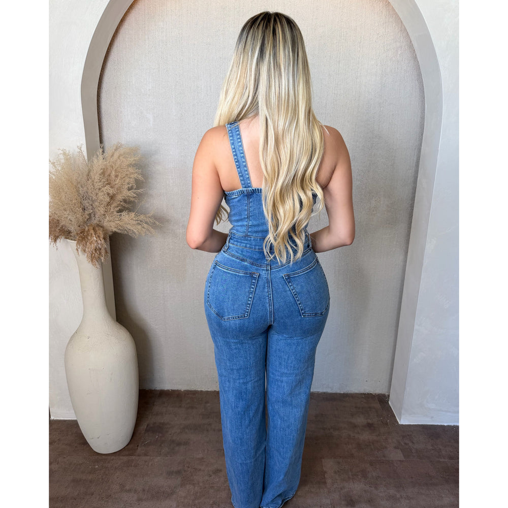 Steph Lace Up Denim Wide Leg Jumpsuit (Medium Denim)