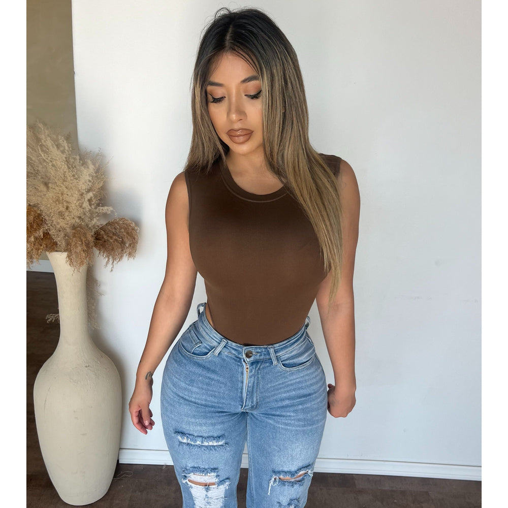 Angelica Neck Rib Bodysuit (Brownie)